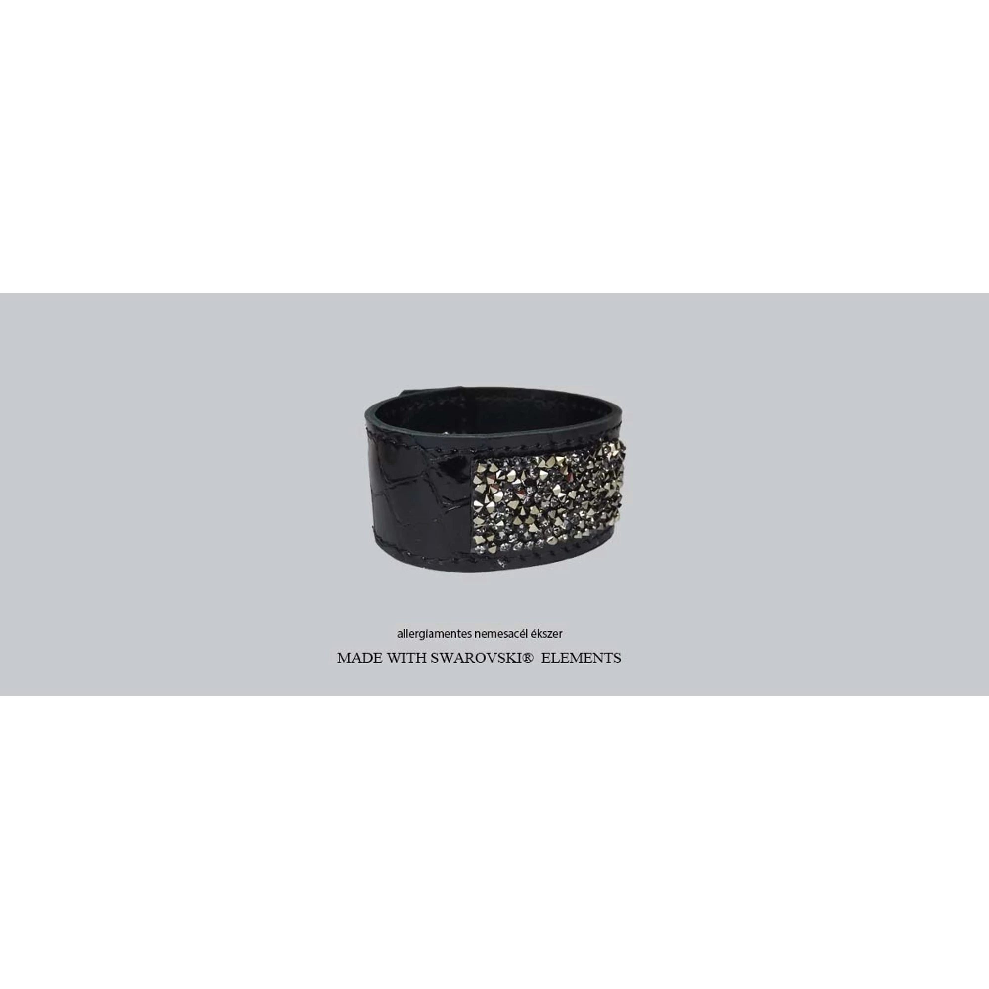 Fekete bőr karkötő, Swarovski kristállyal