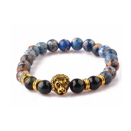  KÉK JÁSPIS - ACHÁT ÁSVÁNYI KARKÖTŐ, ARANYSZÍNŰ OROSZLÁNNAL - 8mm