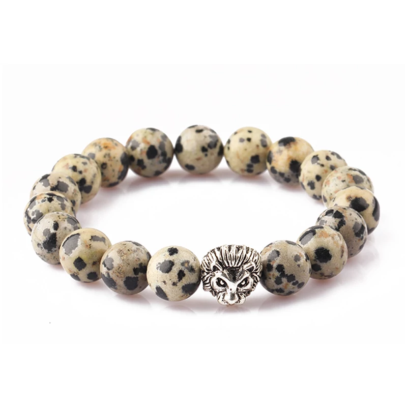 DALMATA JÁSPIS, ÁSVÁNYI KARKÖTŐ, EZÜST SZÍNŰ OROSZLÁNNAL - 10mm-es gyöngy