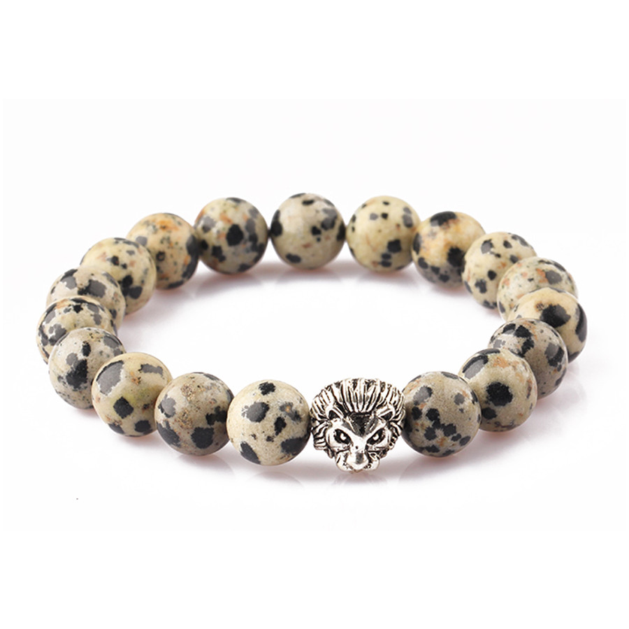 DALMATA JÁSPIS, ÁSVÁNYI KARKÖTŐ, EZÜST SZÍNŰ OROSZLÁNNAL - 8mm-es gyöngy DALMATA JÁSPIS, ÁSVÁNYI KARKÖTŐ, EZÜST SZÍNŰ OROSZLÁNNAL - 8mm-es gyöngy